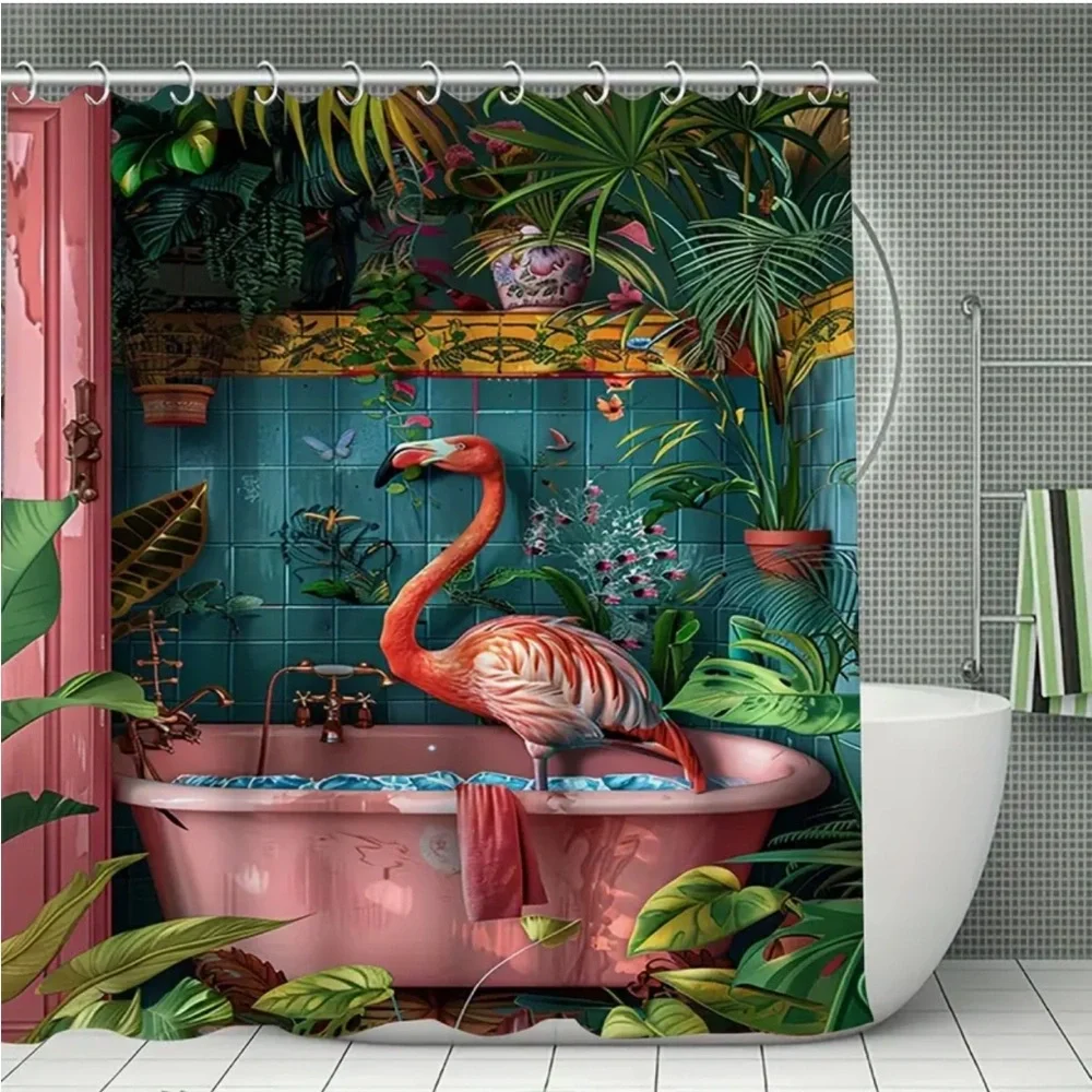 Tropical Flamingo Shower Curtain Bathroom Set - Pink and Teal
